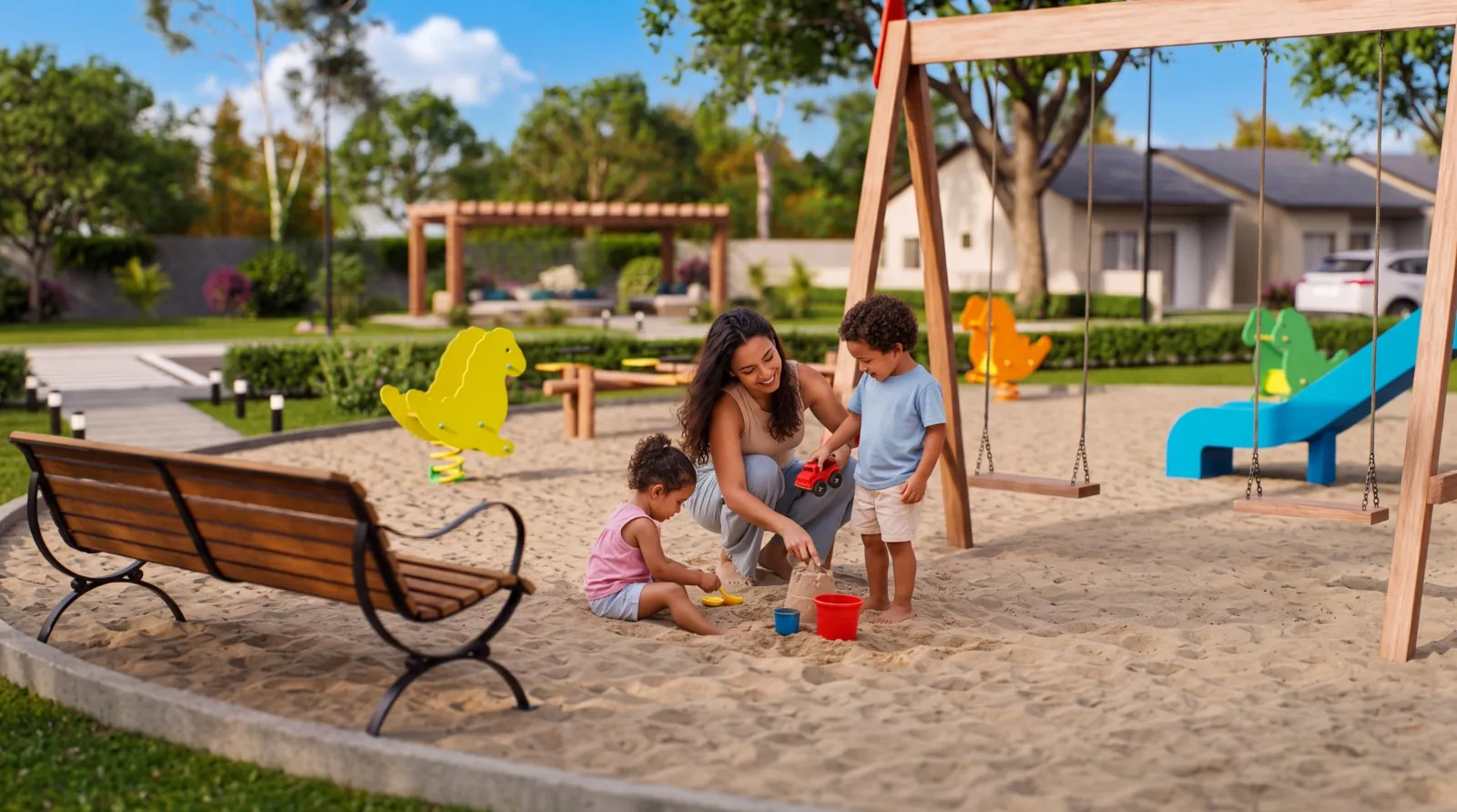 Mãe brincando com os filhos na areia do parquinho